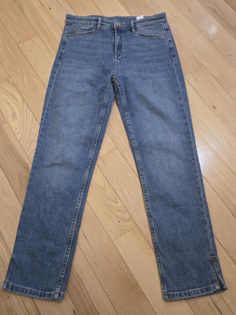 Massimo Dutti Classic Straight-Leg Blue Jeans With Side Slit Cropped Jean